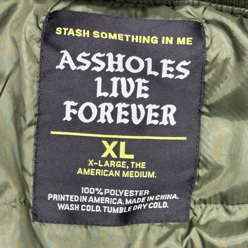 A**holes‎ Live Forever Mens XL Green Varsity Polyester Bomber Jacket Puffer Coat - Picture 10 of 10
